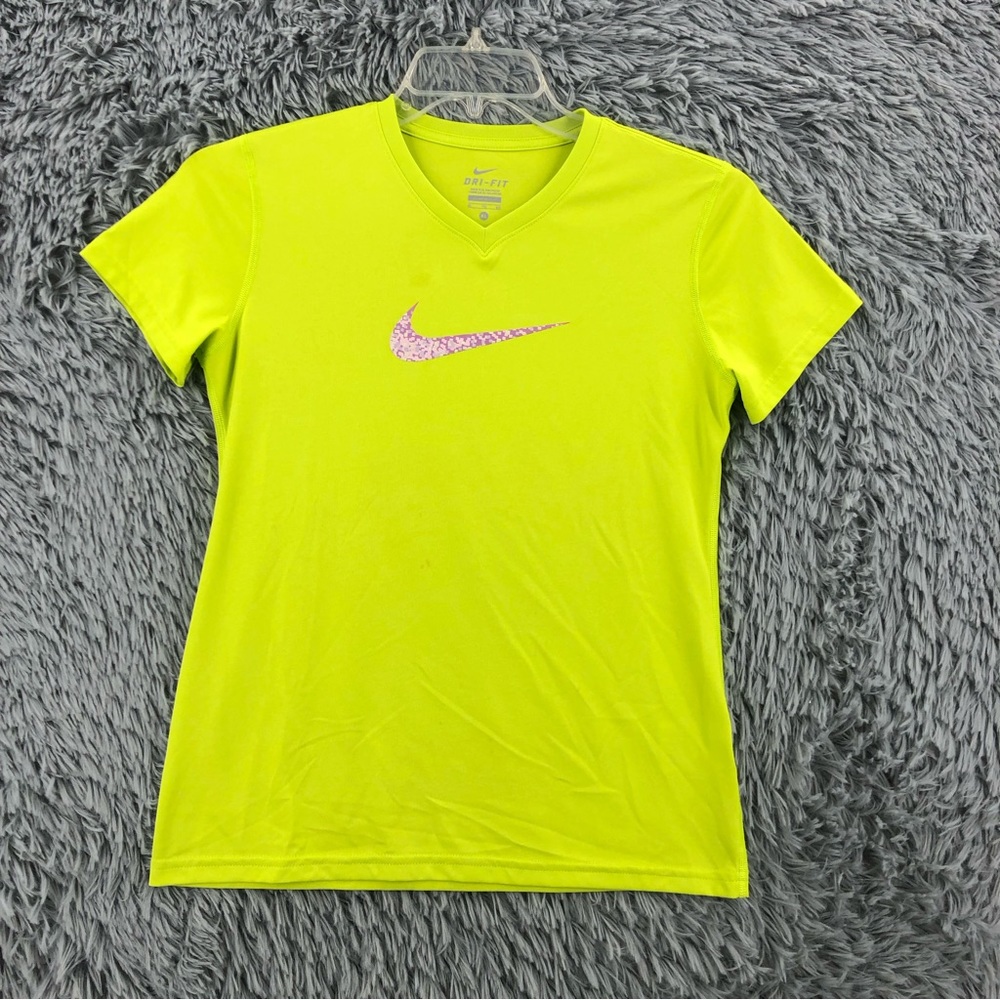 Nike Shirt Womens XL Dri Fit Vneck Athletic Workout Green Purple Checkmark